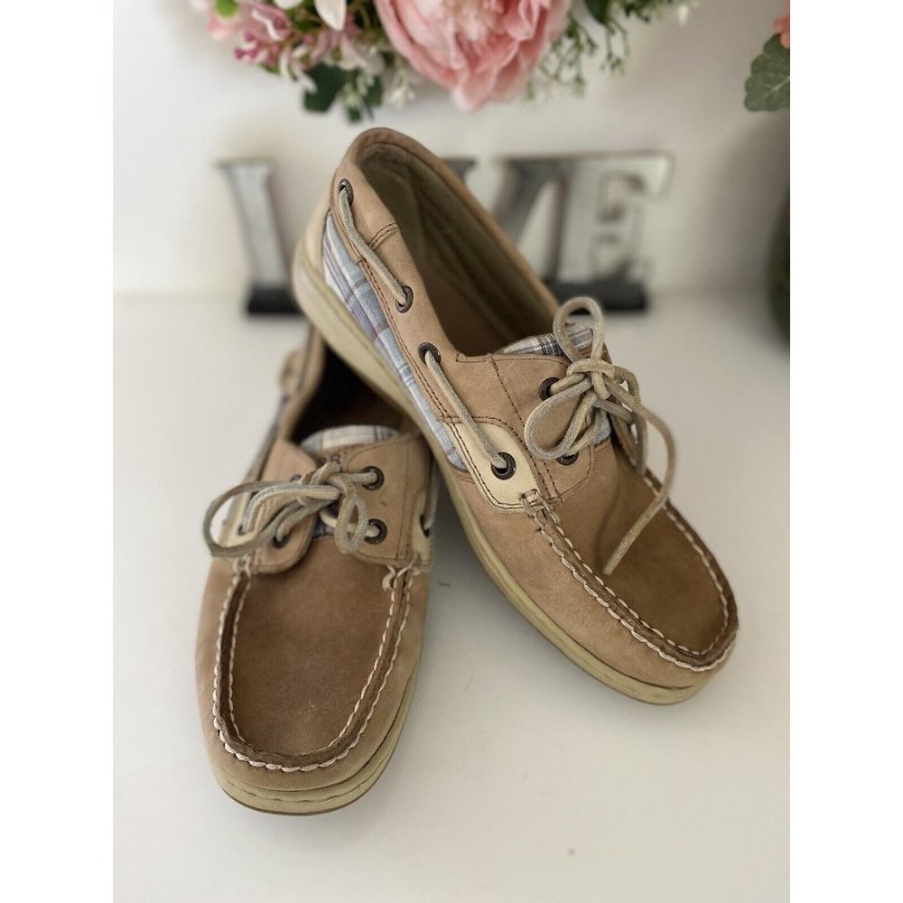 Sperry Top Siders Boat Shoes Women's Size 7.5 Tan Beige Leather Fabric 61428 EUC